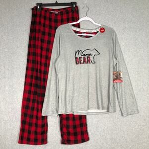 Lets Get Cozy Pajama Set Womens Large Grey Mama Bear Buffalo Check Shirt Pants